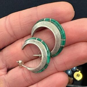 Vintage Genuine Malachite with Silver Crescent Earrings